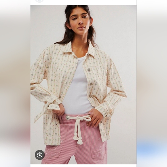 DAMSON MADDER FREE PEOPLE GOODNATURE ECRU FLORAL DENIM JACKET. SIZE 14. - Picture 1 of 11